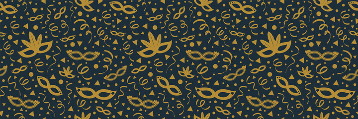 Carnival Party seamless pattern with masks and confetti. Vector.