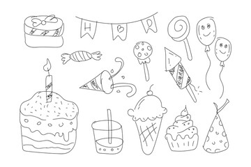 Hand drawn birthday party kawaii doodle art design isolated on white background