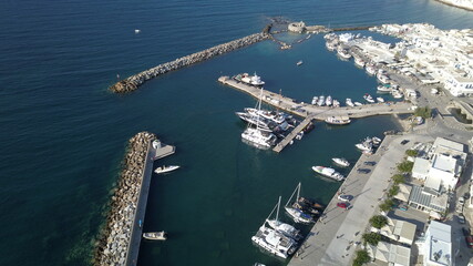 Aerial view of the pier with Paros island on a Naousa village