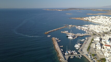 Aerial view of the pier with Paros island on a Naousa village