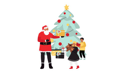Santa Claus gives gifts to children near the Christmas tree. Winter illustration. Vector illustration