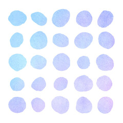 Fototapeta na wymiar Light blue watercolor round spots, dots, uneven circle shape stains winter design elements set. Watercolour drops, smears, brush strokes collection. Hand drawn painted text background.
