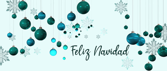 Ilustracion navideña de bolas de Navidad y felicitación en idioma español - obrazy, fototapety, plakaty