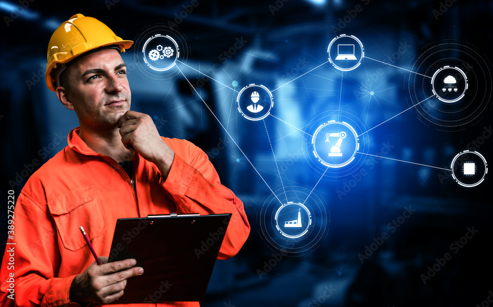 Poster engineering technology and industry 4.0 smart factory concept with icon graphic showing automation s