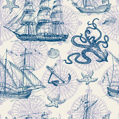 Old caravel, vintage sailboat, sea monster. Monochrome Hand drawn sketch. Seamless pattern for boy. Detail of the old geographical maps of sea.