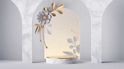 3d render, white background with floral arch and empty marble stage decorated with gold and white paper flowers. Showcase mockup with blank podium, commercial product presentation