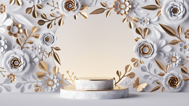 3d render, floral background with marble stage in front of the round frame. Abstract botanical wallpaper with white paper flowers and golden leaves. Blank showcase mockup for product presentation