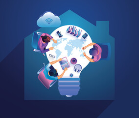 Work from home concept, Top view Young people, man and woman freelancers working on laptops at home. People at home remote work businessmen Staying home Distance, home office, vector illustration 