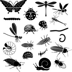 Set of black silhouettes of cartoon insects isolated on white background