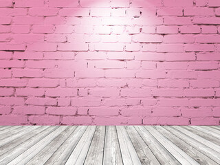 Brick wall with spotlight. Pink interior background. Wooden floor