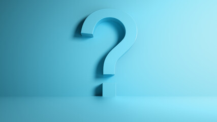 Question mark near the wall, blue background, for text, 3D illustration