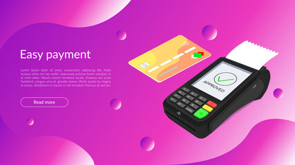 The concept of a bank pos terminal for paying for services using a card, phone, including contactless payment. Acquiring. Vector banner isometric 3d illustration, on a blue background. Copyspace.