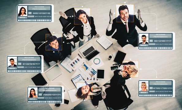 Facial recognition technology scan and detect people face for identification . Future concept interface showing digital biometric security system that analyze human face to verify personal data .