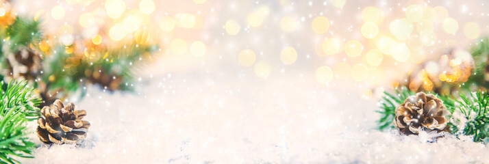 Christmas decor, pine cones in the snow. Selective focus.