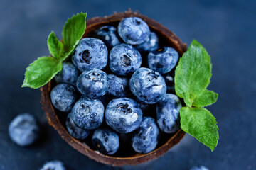 Freshly picked blueberries in coconut bowl on dark background. Healthy organic seasonal fruit background. Berries closeup