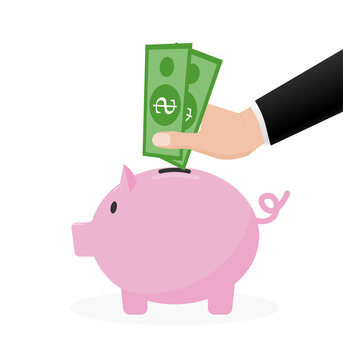 Saving money concept. Piggy bank and hand with dollars. Cartoon image with saving money. Line vector.