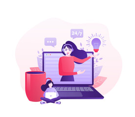 Telephone operator. Cartoon character. Support service icon. Online support call center. Customer service.Vector illustration, virtual business assistant.