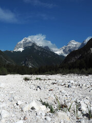 Mountains and dry river bed in Alpine Slovenia, Trenta