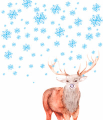 Watercolor drawing of a beautiful deer with large branching horns and snowfall on a white background. Christmas card for holiday greetings and illustrations.
