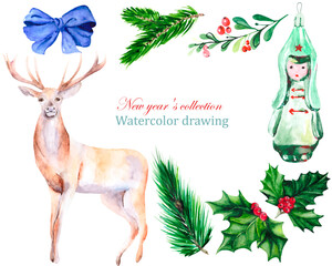 Watercolor set of new year's holiday elements: a deer, a Christmas tree, a glass Christmas tree toy, a Holly, a branch of berries and a blue bow. Design elements for holiday cards, stickers.