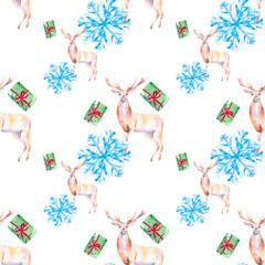 Christmas background with beautiful deer, blue snowflake and green gift. Watercolor seamless pattern for textiles, Wallpaper and packaging.
