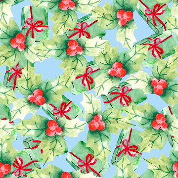 Christmas background with Holly leaves and berries. Seamless pattern for textiles, Wallpaper, and holiday packaging.
