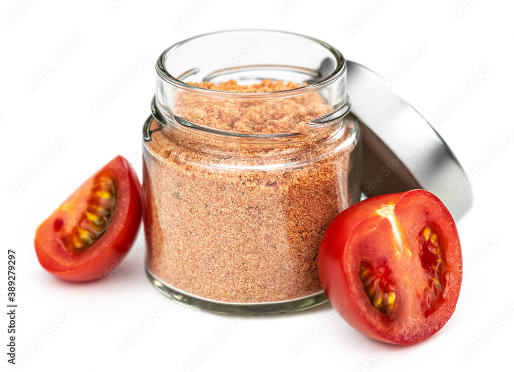 Sticker Portion of Tomato Powder isolated on white