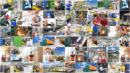 Berufe im Handwerk & Industrie - Collage mit Menschen am Arbeitsplatz // Professions in trade &...