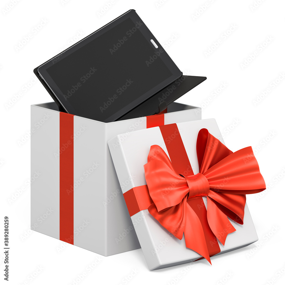 Poster Tablet computer inside gift box, present concept. 3D rendering