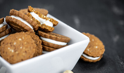 Hazelnut Cream Cookies (close up; selective focus)