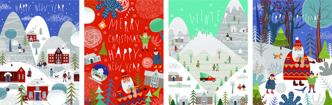christmas cards with Santa people and nature