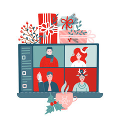 People meeting online together via video calling on a laptop to virtual discussion on Christmas holiday. festive laptop with gift boxes. flat vector illustration