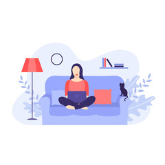 A woman with red lips sitting on a sofa at home with notebook. Flat design vector interior illustration on violet background