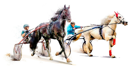 Horse race competition derby. Trotter race. Racing horses with jockeys. Hippodrome. Watercolor painting illustration isolated on white background © mari