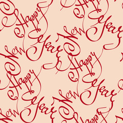 Happy New Year seamless pattern with ornate lettering calligraphy phrase on beige background. Can be used for Merry Christmas design, gift package, holiday wrapping paper, textile.