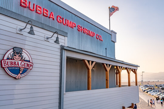 Santa Monica, California - October 09 2019: Bubba Gump Shrimp Co, famous seafood restaurant and market at Santa Monica Pier & Beach downtown the west coast city of California.