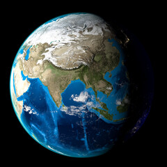 Planet Earth, Asia views. Black background. 3d Render