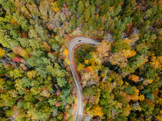 Aerial View of the Tail of the Dragon road near the Tennessee and North Carolina border in the Smoky Mountains in the Fall