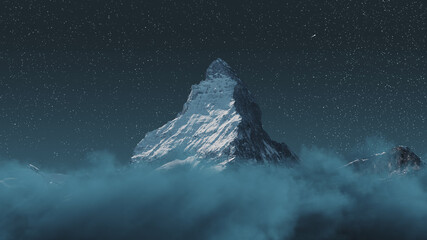 over clouds to the majestic Matterhorn mountain at night with shooting star