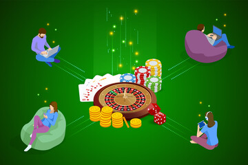 Isometric Online Casino Concept. Online Big Slots Casino Marketing Banner, Gaming Apps