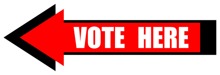 Vote here sign outdoor.Election in USA 2020.Red arrow isolated on white background.
