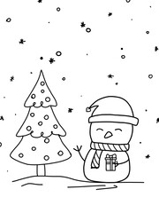 Christmas card for coloring, a snowman in a cap and a Christmas tree