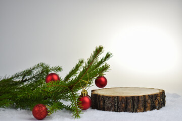 Minimal. Christmas background with a podium for presentation of the product. Natural wooden...