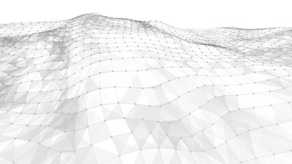 Futuristic white futuristic background. Wave with connecting dots and lines on wave background. Abstract interlacing lines and points. Digital connection of elements. Imitation waves.