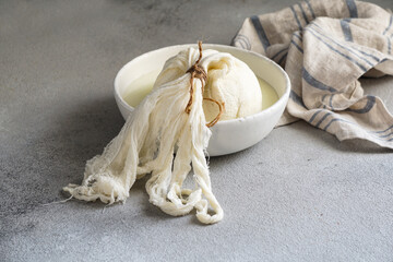 cottage cheese homemade preparation, traditional process of tvorog production from greek yogurt