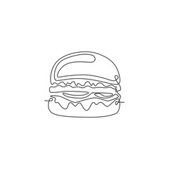 Single continuous line drawing of American burger logo label. Emblem fast food sandwich restaurant concept. Modern one line draw design vector illustration for cafe, shop or food delivery service