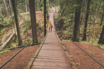 photographer traveler on a suspension bridge in forest wild extreme journey 