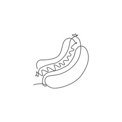 One single line drawing of fresh American hot dog logo graphic vector illustration. Fast food sandwich cafe menu and restaurant badge concept. Modern continuous line draw design street food logotype