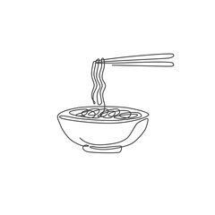Single continuous line drawing of stylized spicy noodles store logo label. Emblem ramen fast food restaurant concept. Modern one line draw design vector illustration for shop or food delivery service