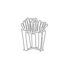 Single continuous line drawing of stylized french fries store logo label. Emblem fast food restaurant concept. Modern one line draw design vector illustration for cafe, shop or food delivery service